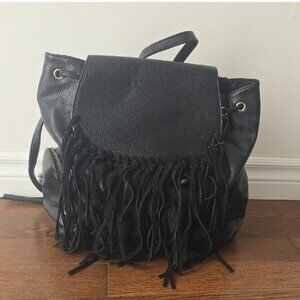 Lionel Black Faux pebbled leather fringed bohemian style backpack